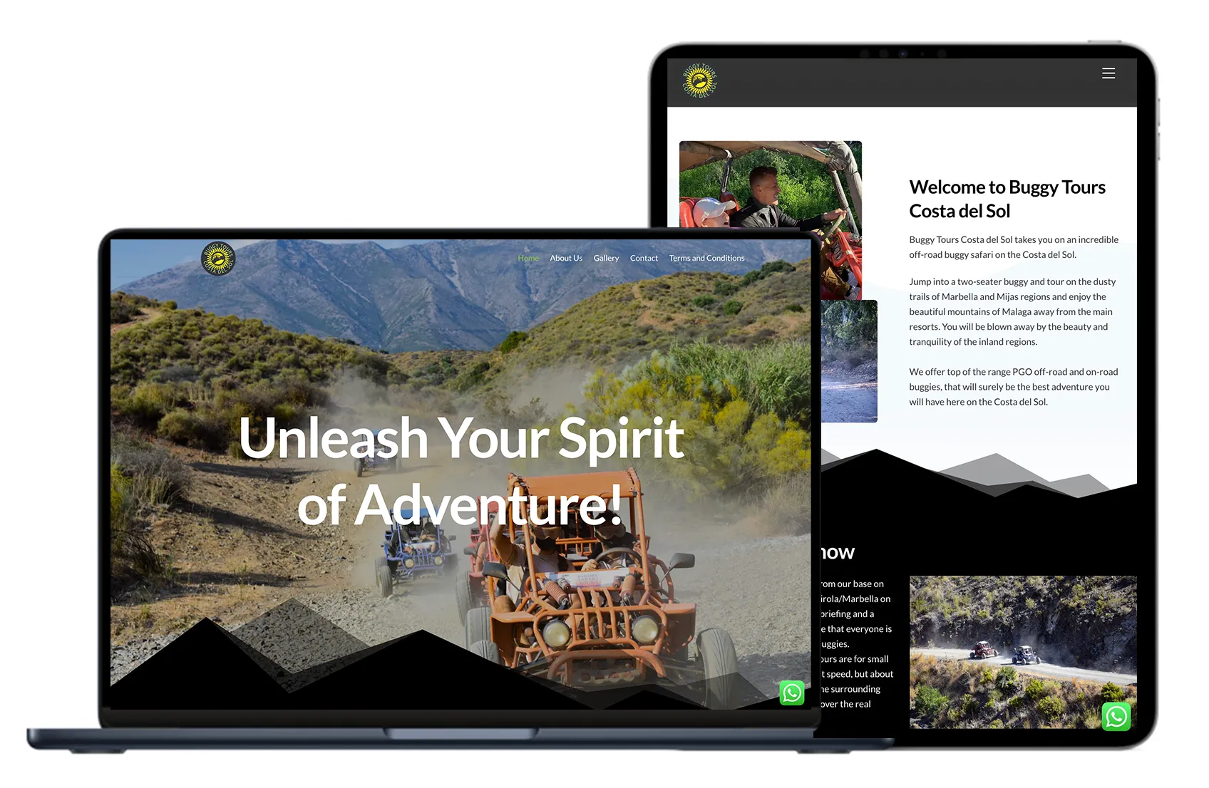 Die Website wird auf einem Mac-Laptop und einem iPad angezeigt. Der Laptop zeigt eine atemberaubende Aussicht auf die Berge.