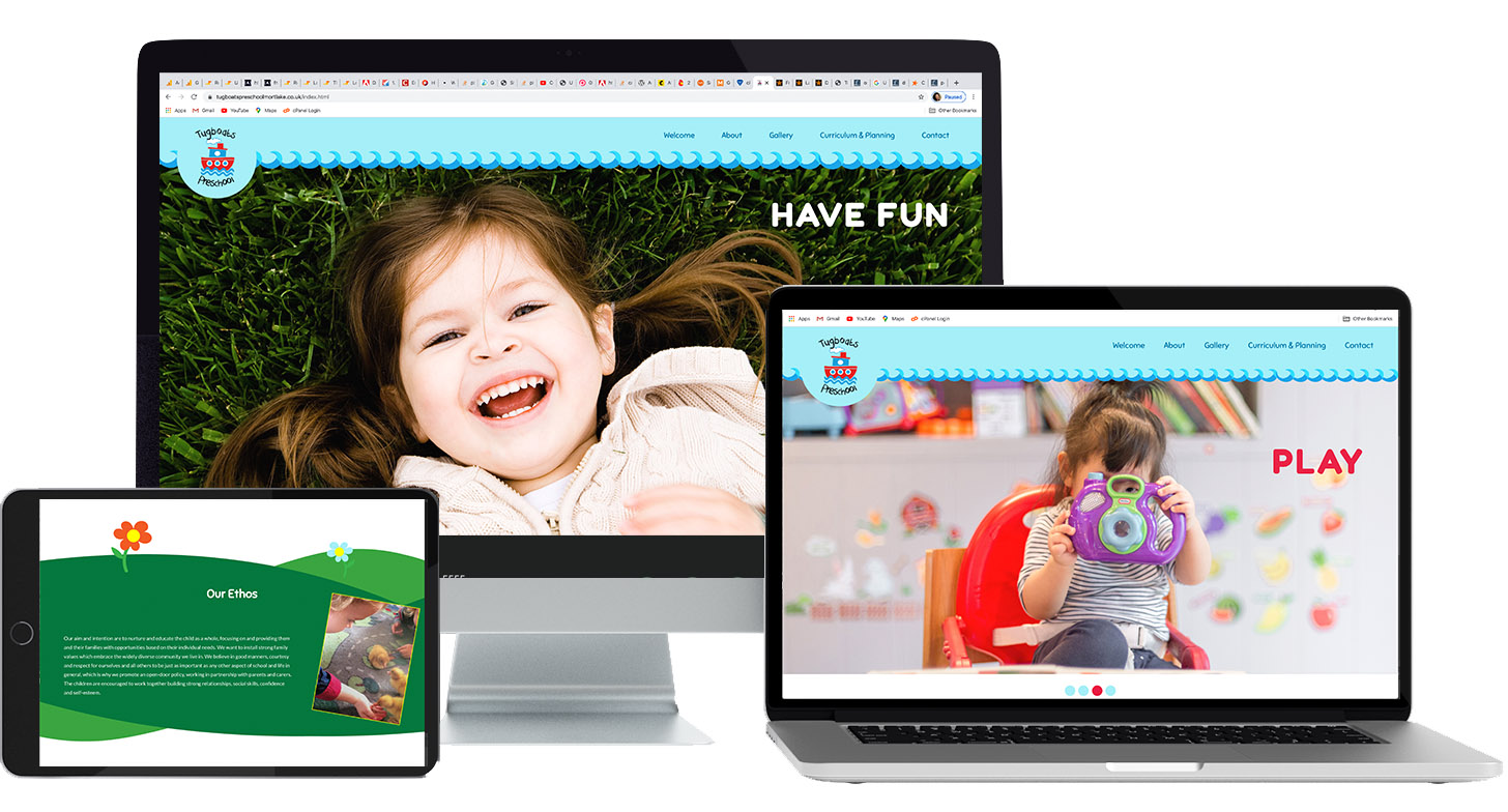 El sitio se muestra en un iMac, un macbook y un ipad. Hay grandes imágenes de niños felices, así como algunos campos verdes y flores dibujadas con el uso del software Adobe.