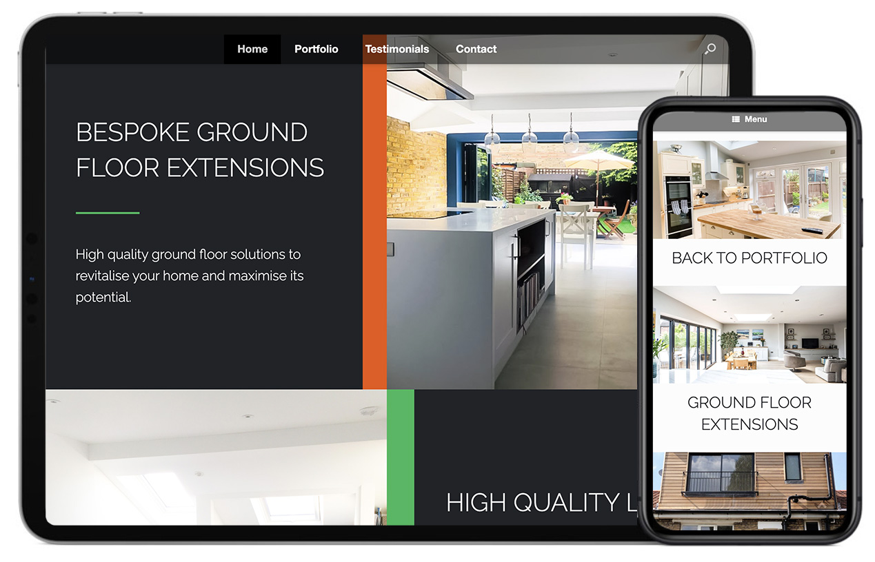 Die Website wird auf einem Tablet und einem Telefon angezeigt. Das Design ist elegant und scharf mit der Verwendung von Schwarz, Grün und Orange Farben.